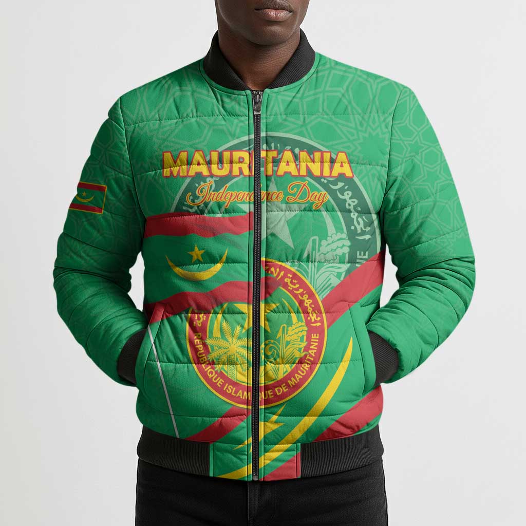 Personalized Mauritania Independence Day Bomber Puffer Jacket Coat Of Arms With Map