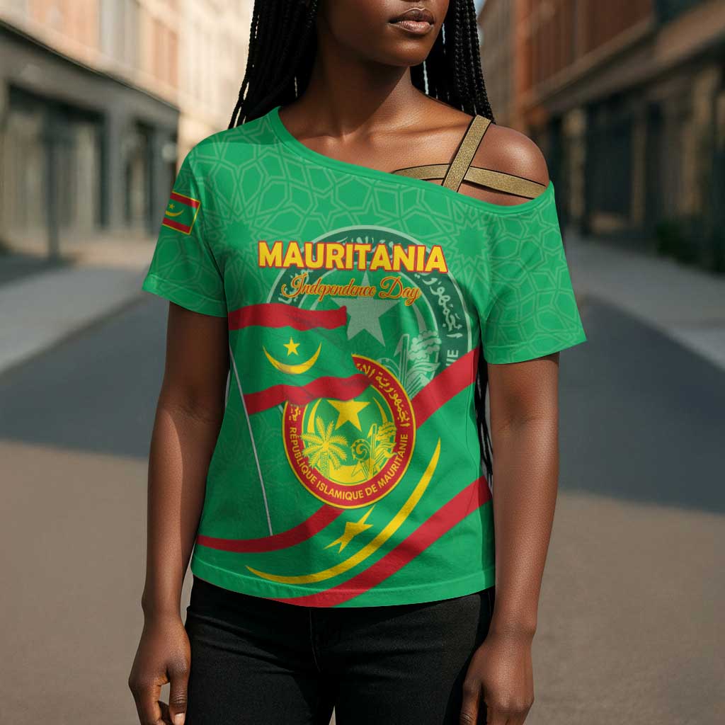 Personalized Mauritania Independence Day Cross Shoulder Shirt Coat Of Arms With Map