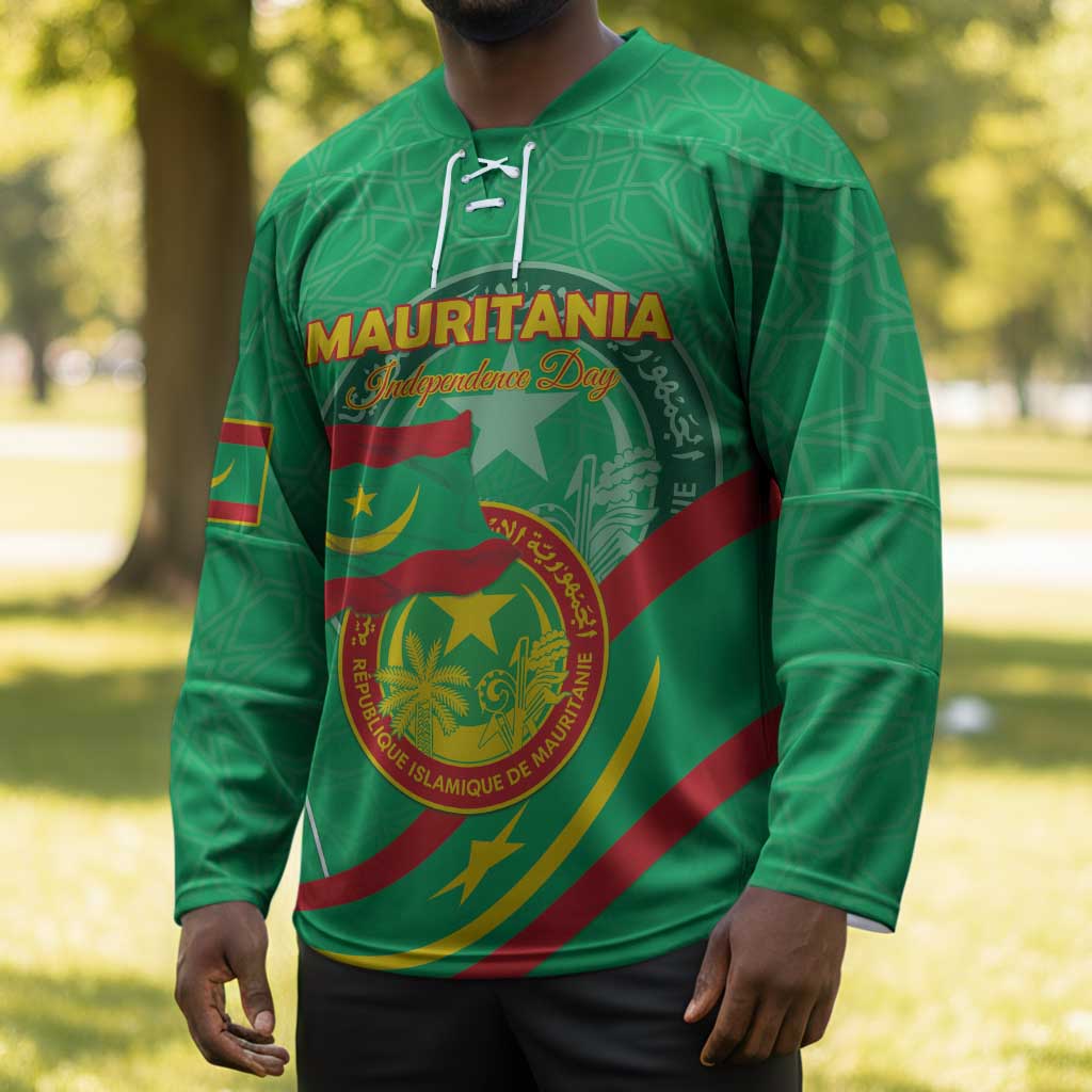 Personalized Mauritania Independence Day Hockey Jersey Coat Of Arms With Map