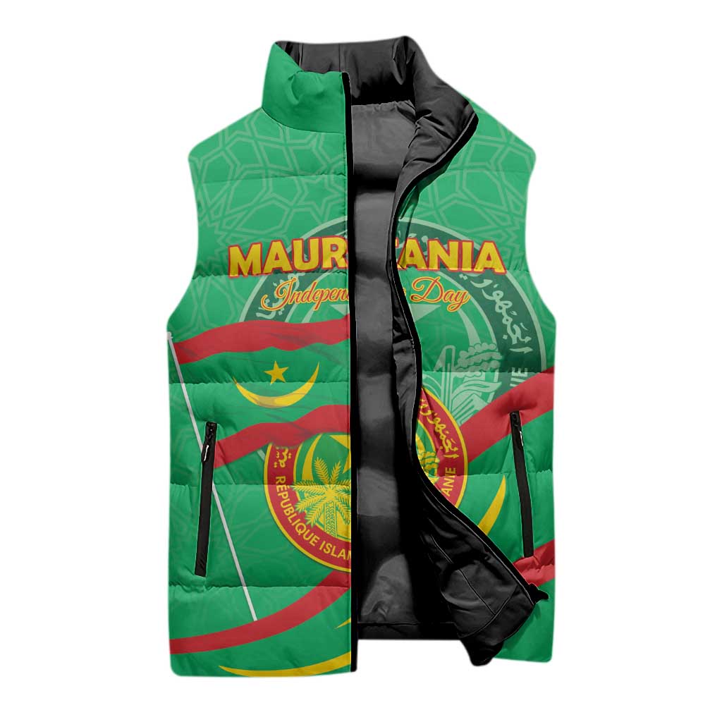 Personalized Mauritania Independence Day Sleeveless Puffer Jacket Coat Of Arms With Map