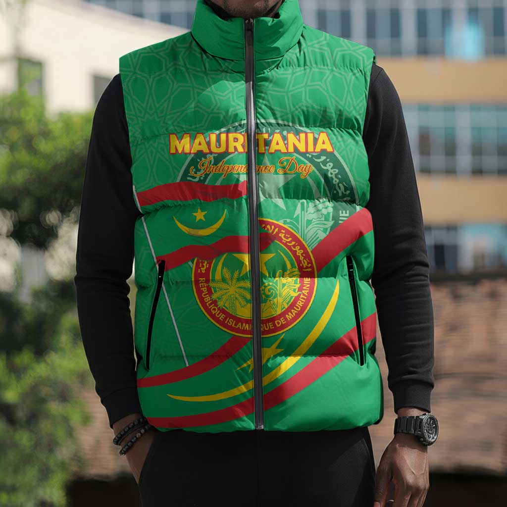 Personalized Mauritania Independence Day Sleeveless Puffer Jacket Coat Of Arms With Map