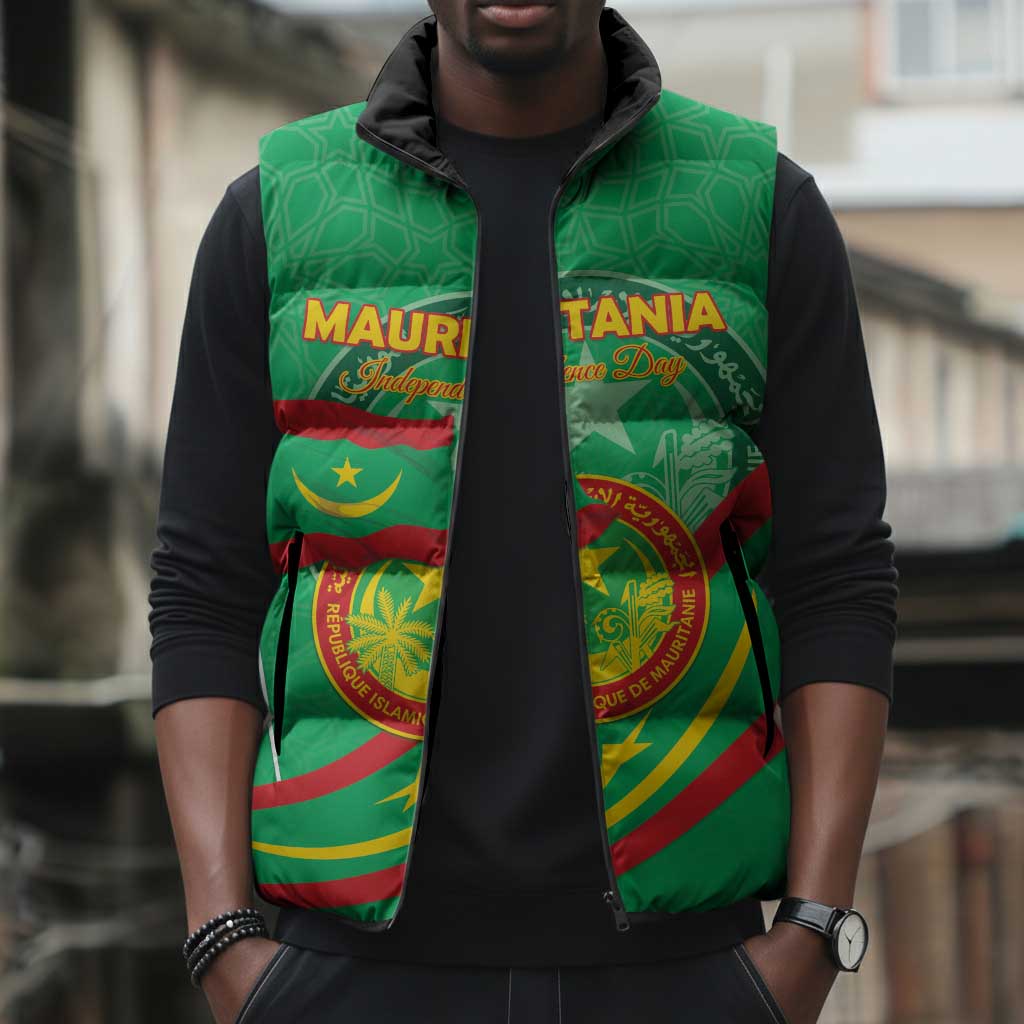 Personalized Mauritania Independence Day Sleeveless Puffer Jacket Coat Of Arms With Map