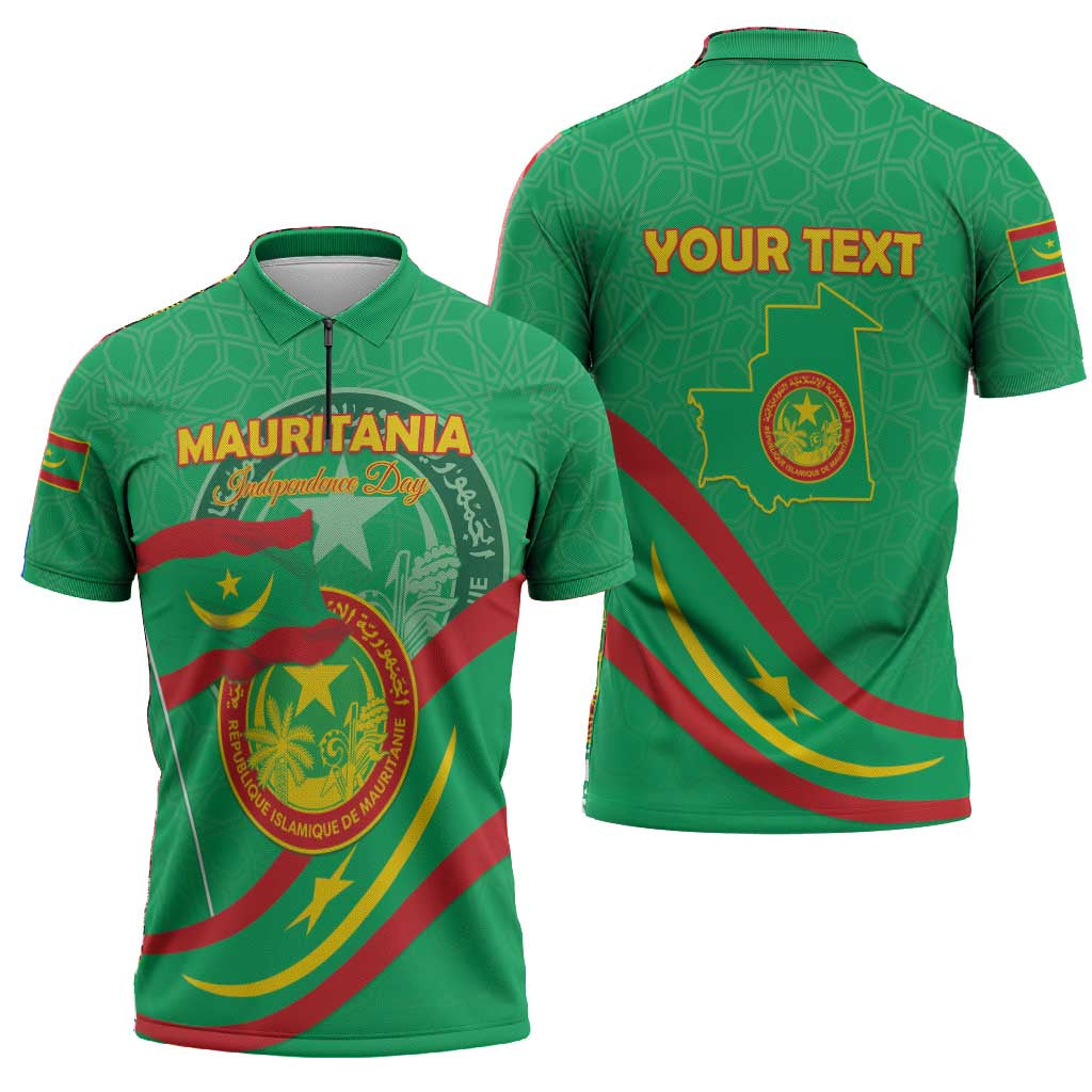 Personalized Mauritania Independence Day Zipper Polo Shirt Coat Of Arms With Map