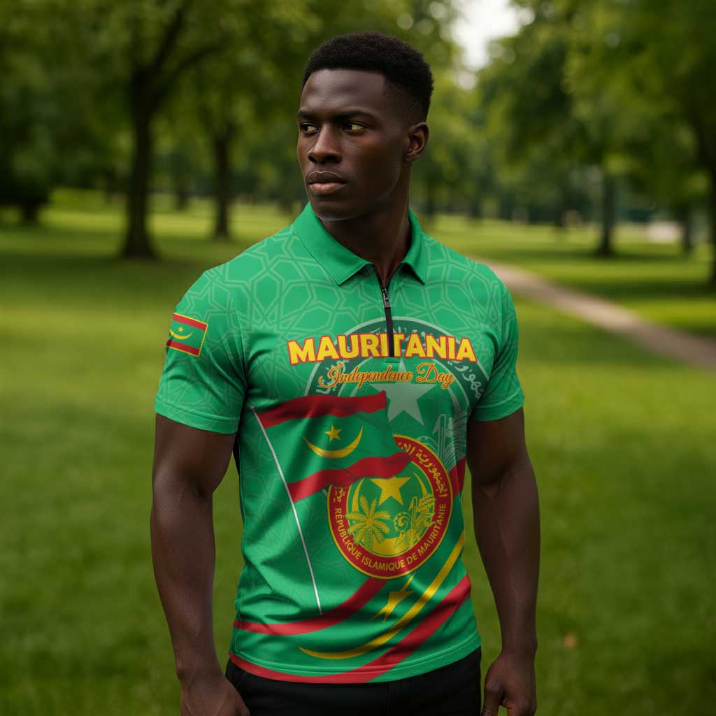 Personalized Mauritania Independence Day Zipper Polo Shirt Coat Of Arms With Map