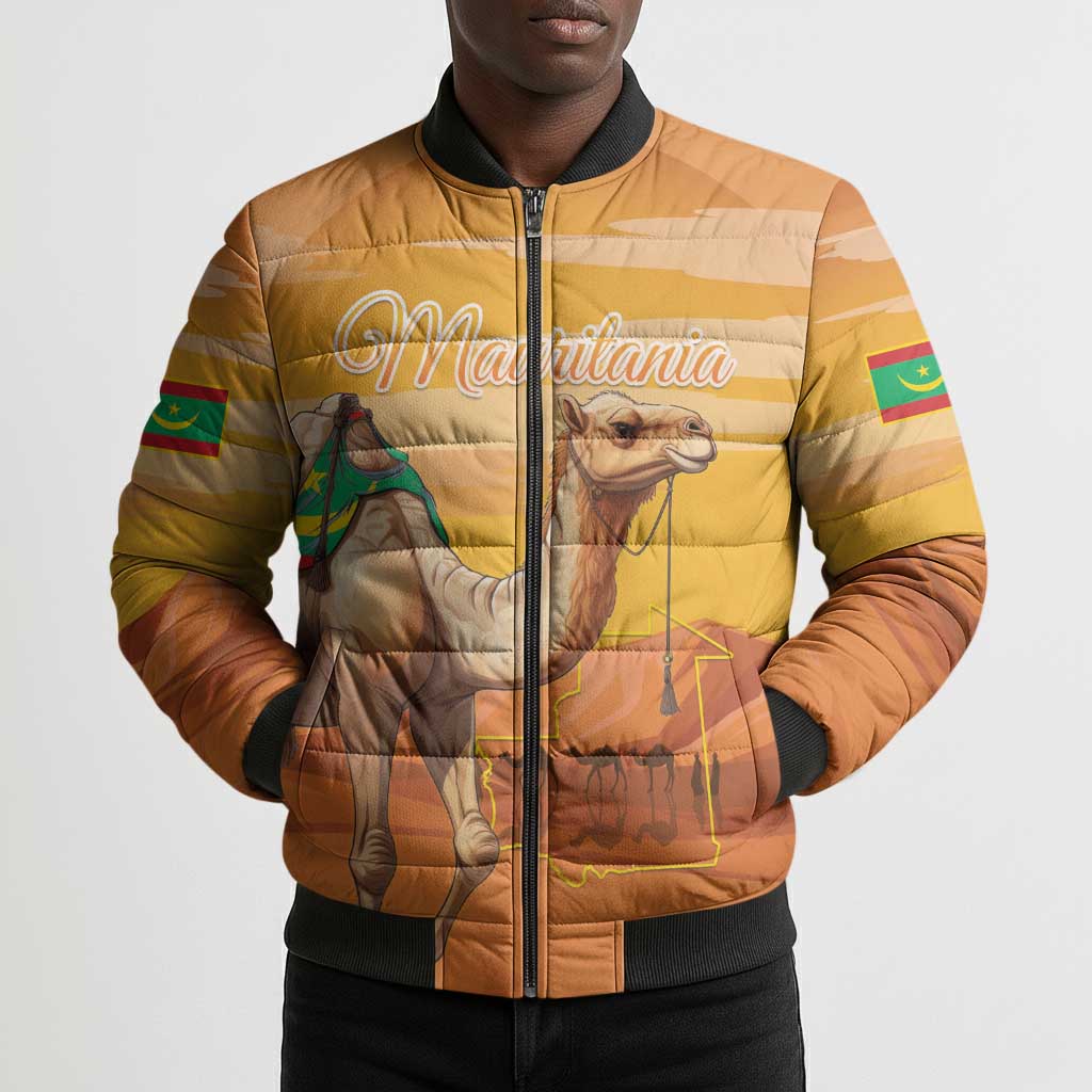 Personalized Mauritania Sahara Bomber Puffer Jacket Camel With Map