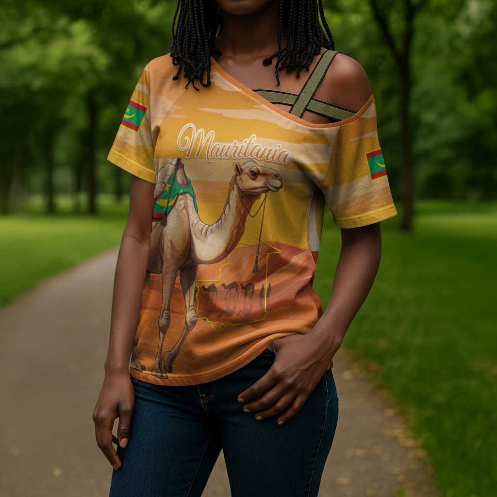 Personalized Mauritania Sahara Cross Shoulder Shirt Camel With Map