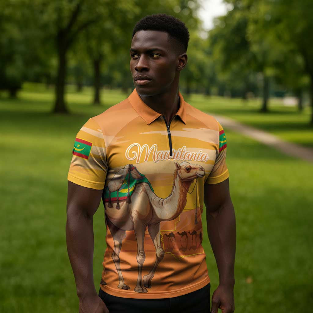 Personalized Mauritania Sahara Zipper Polo Shirt Camel With Map