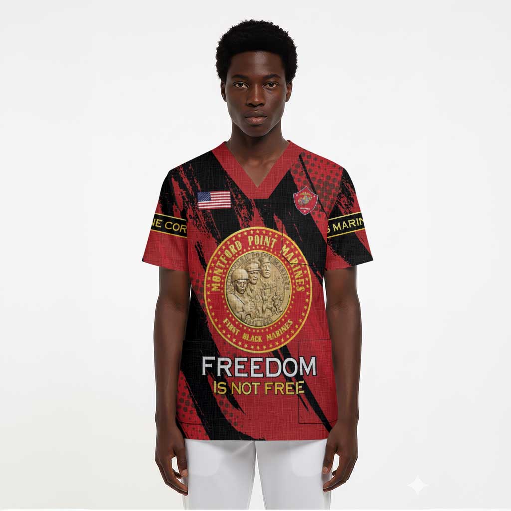 Personalized Honoring the First Black Marines Scrub Top Montford Point Heroes - Red - African Pride
