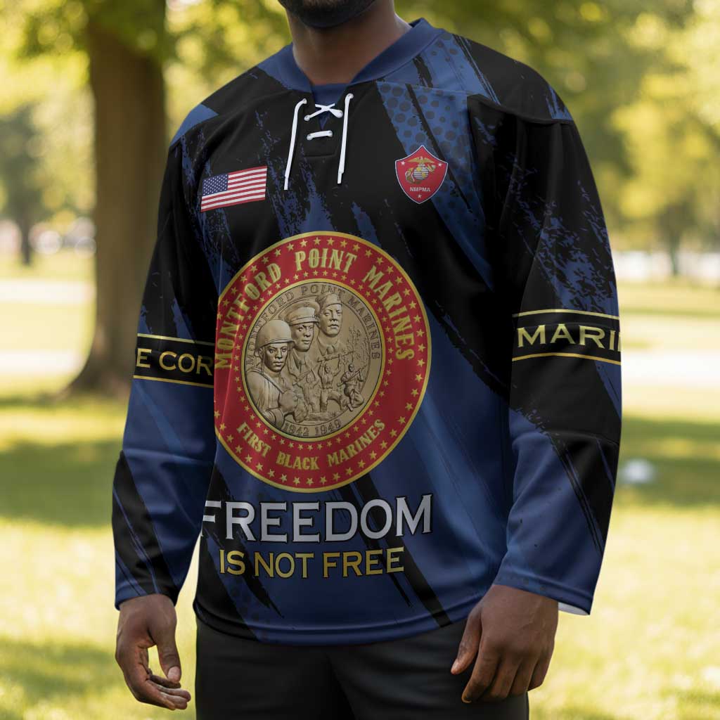 Personalized Proud to Honor Montford Point Marines Hockey Jersey Freedom Is Not Free - Blue