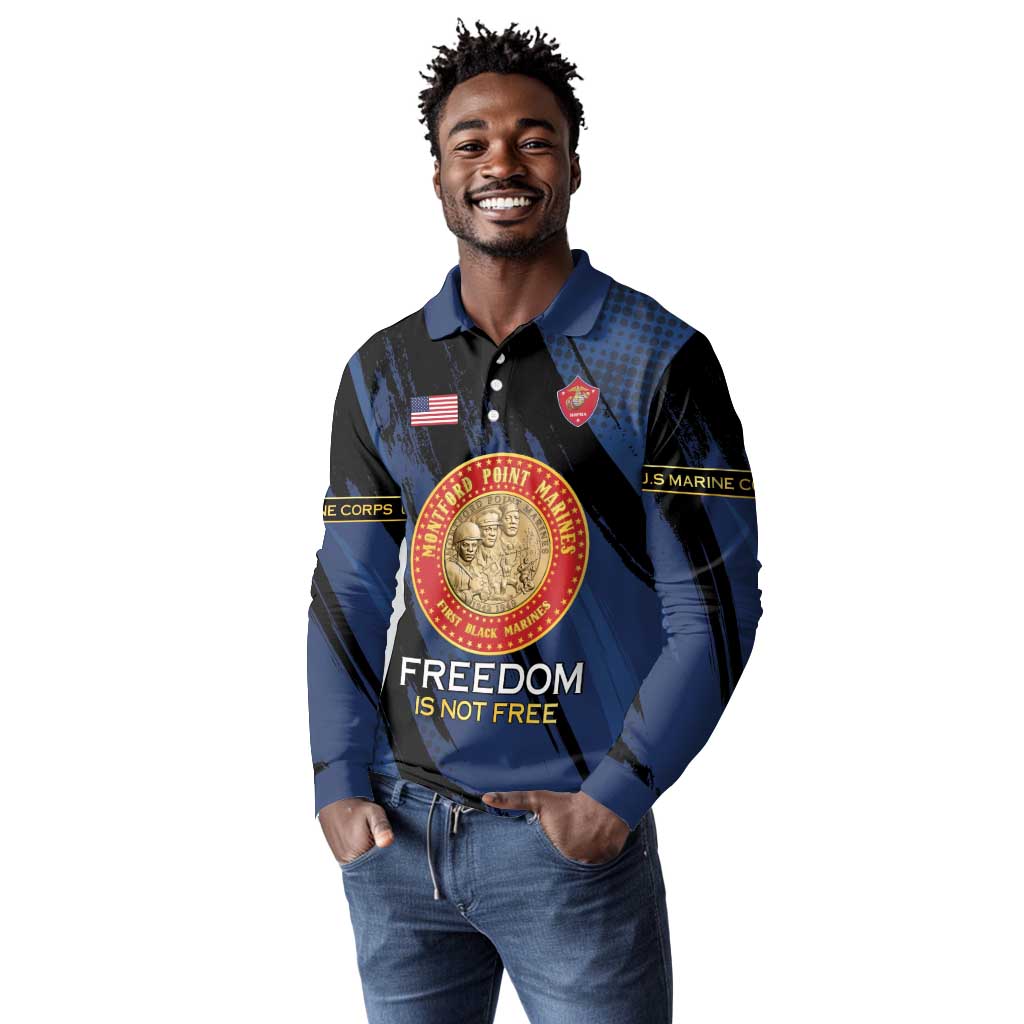 Personalized Honoring the First Black Marines Long Sleeve Polo Shirt Montford Point Heroes - Blue - African Pride