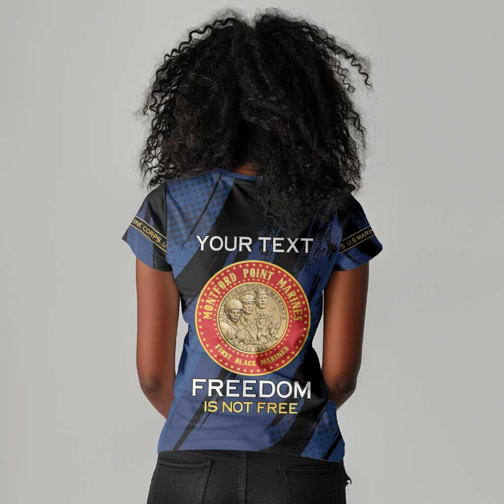 Personalized Honoring the First Black Marines Women V-Neck T-Shirt Montford Point Heroes - Blue - African Pride