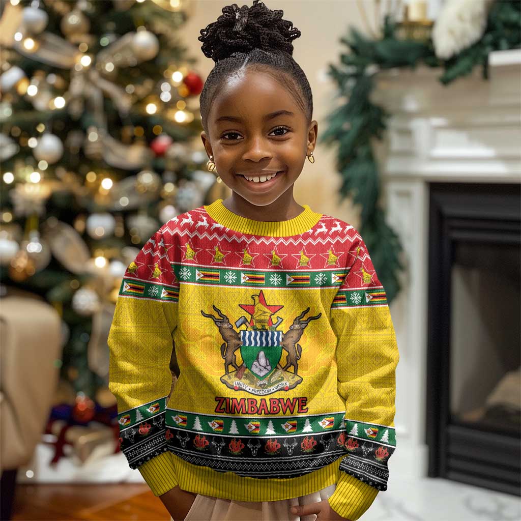 Afro Zimbabwe Christmas Kid Ugly Christmas Sweater Coat Of Arms with African Pattern