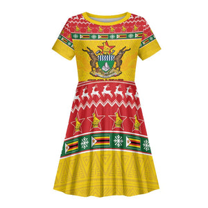 Afro Zimbabwe Christmas Kid Short Sleeve Dress Coat Of Arms - African Pattern