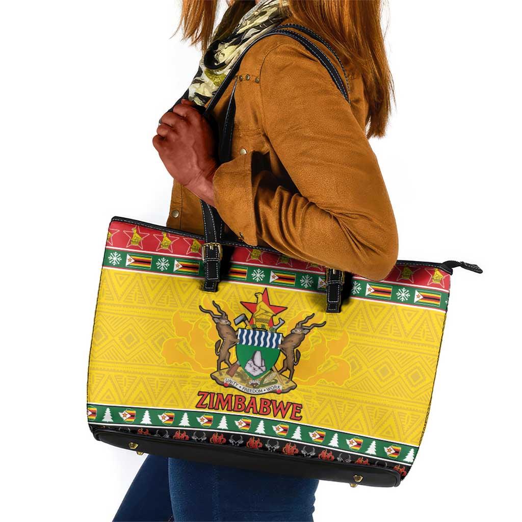 Afro Zimbabwe Christmas Leather Tote Bag Coat Of Arms - African Pattern