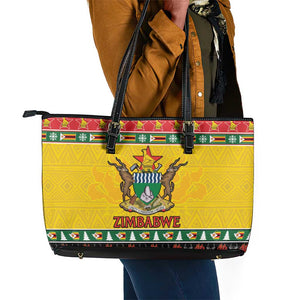 Afro Zimbabwe Christmas Leather Tote Bag Coat Of Arms - African Pattern