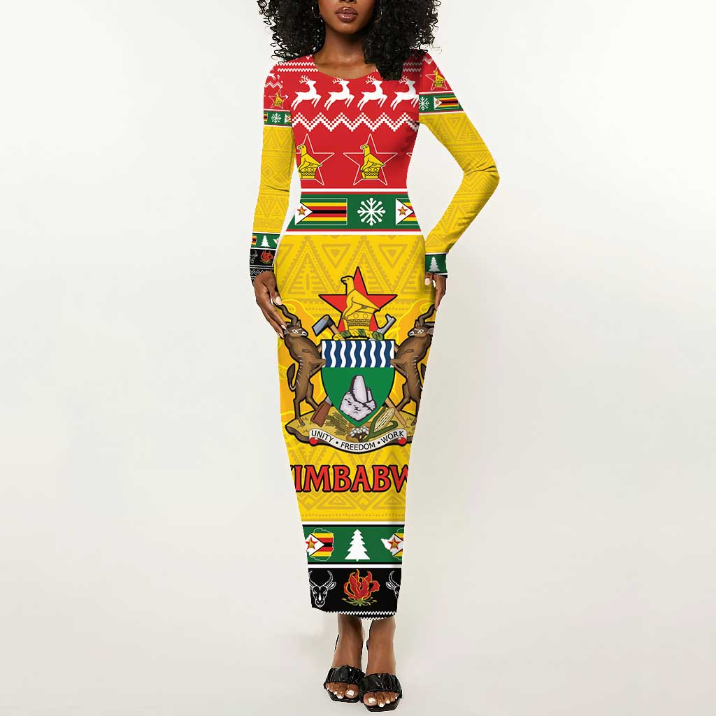 Afro Zimbabwe Christmas Long Sleeve Bodycon Dress Coat Of Arms - African Pattern