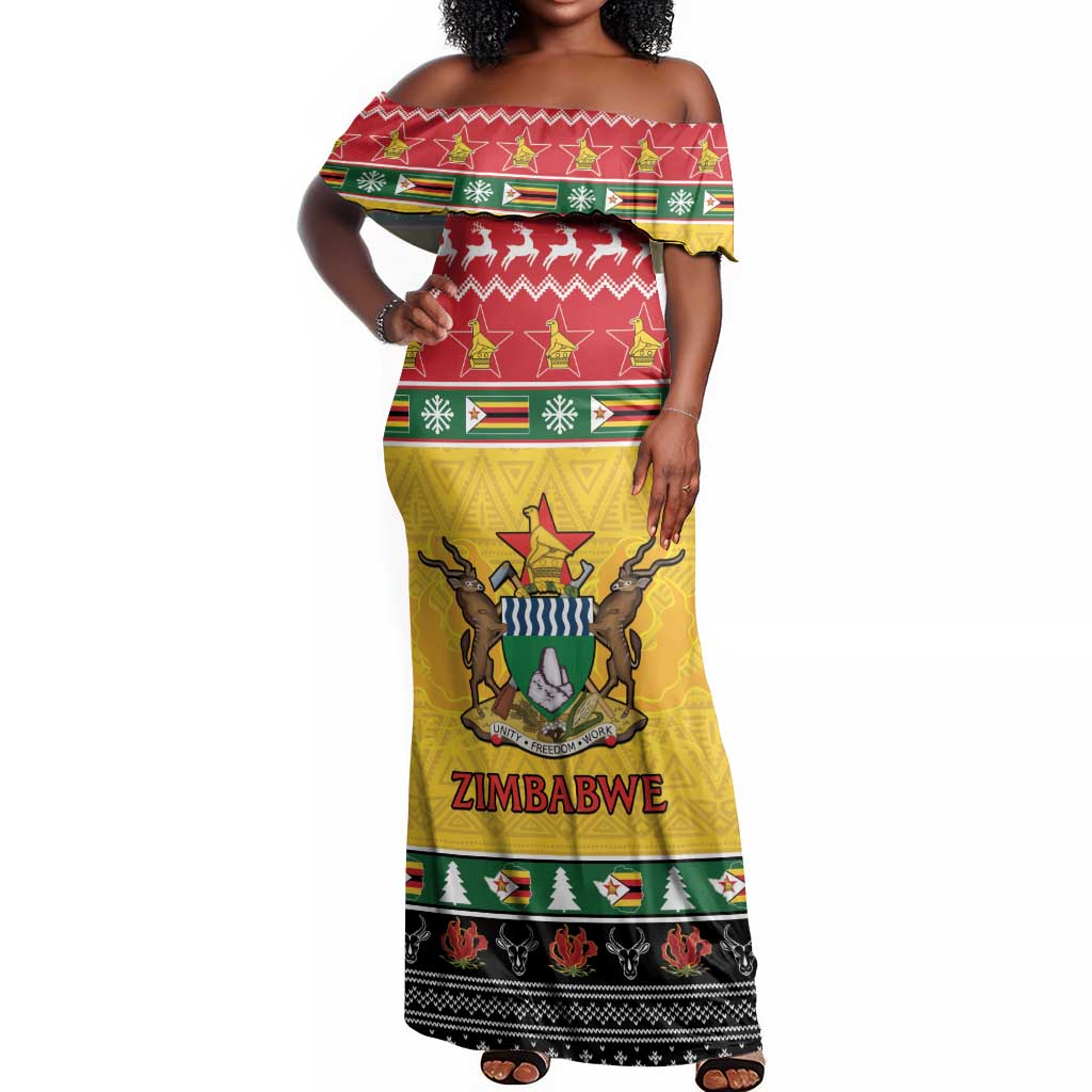 Afro Zimbabwe Christmas Off Shoulder Maxi Dress Coat Of Arms - African Pattern