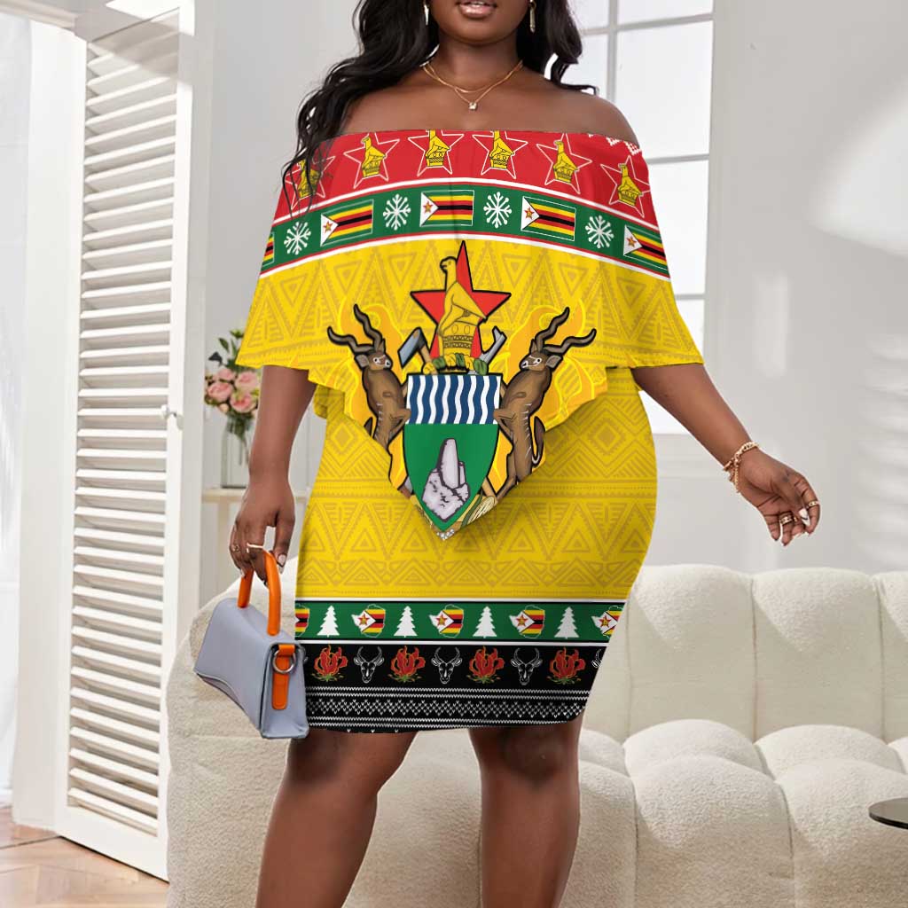 Afro Zimbabwe Christmas Off Shoulder Short Dress Coat Of Arms - African Pattern