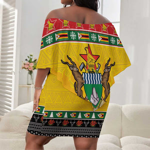 Afro Zimbabwe Christmas Off Shoulder Short Dress Coat Of Arms - African Pattern