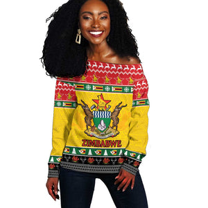 Afro Zimbabwe Christmas Off Shoulder Sweater Coat Of Arms - African Pattern