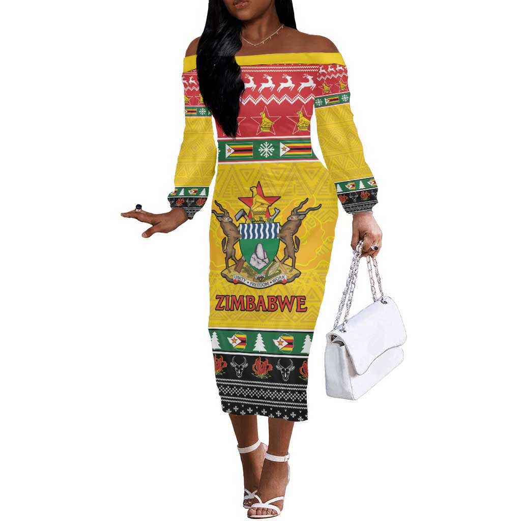 Afro Zimbabwe Christmas Off The Shoulder Long Sleeve Dress Coat Of Arms - African Pattern