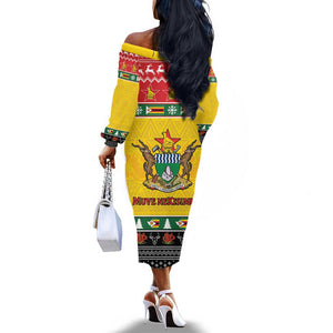 Afro Zimbabwe Christmas Off The Shoulder Long Sleeve Dress Coat Of Arms - African Pattern