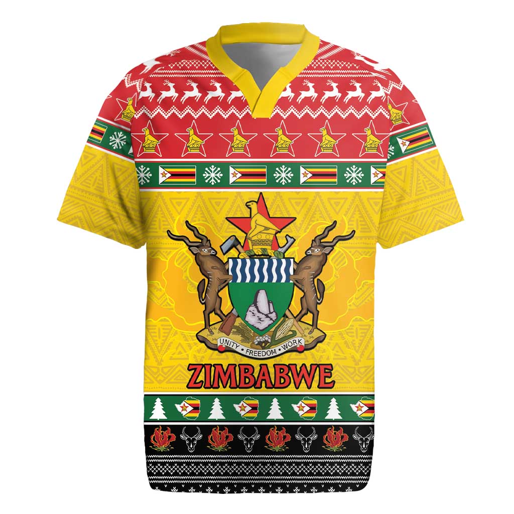 Afro Zimbabwe Christmas Rugby Jersey Coat Of Arms - African Pattern