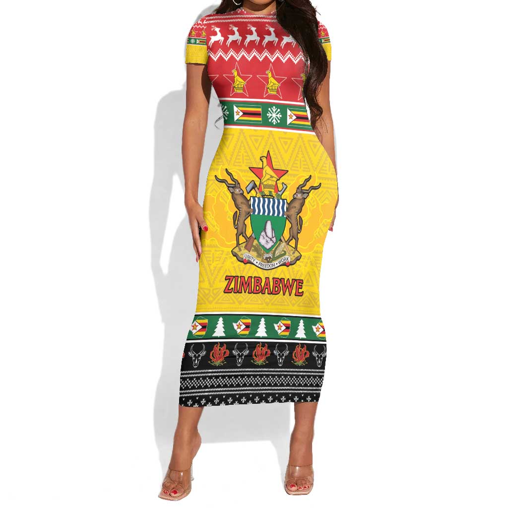 Afro Zimbabwe Christmas Short Sleeve Bodycon Dress Coat Of Arms - African Pattern