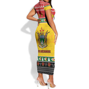 Afro Zimbabwe Christmas Short Sleeve Bodycon Dress Coat Of Arms - African Pattern