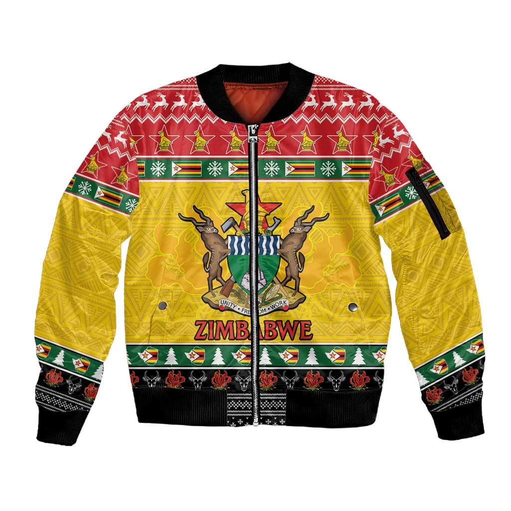 Afro Zimbabwe Christmas Sleeve Zip Bomber Jacket Coat Of Arms - African Pattern