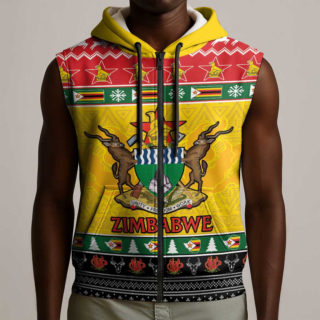 Afro Zimbabwe Christmas Sleeveless Zip Hoodie Coat Of Arms - African Pattern - African Pride