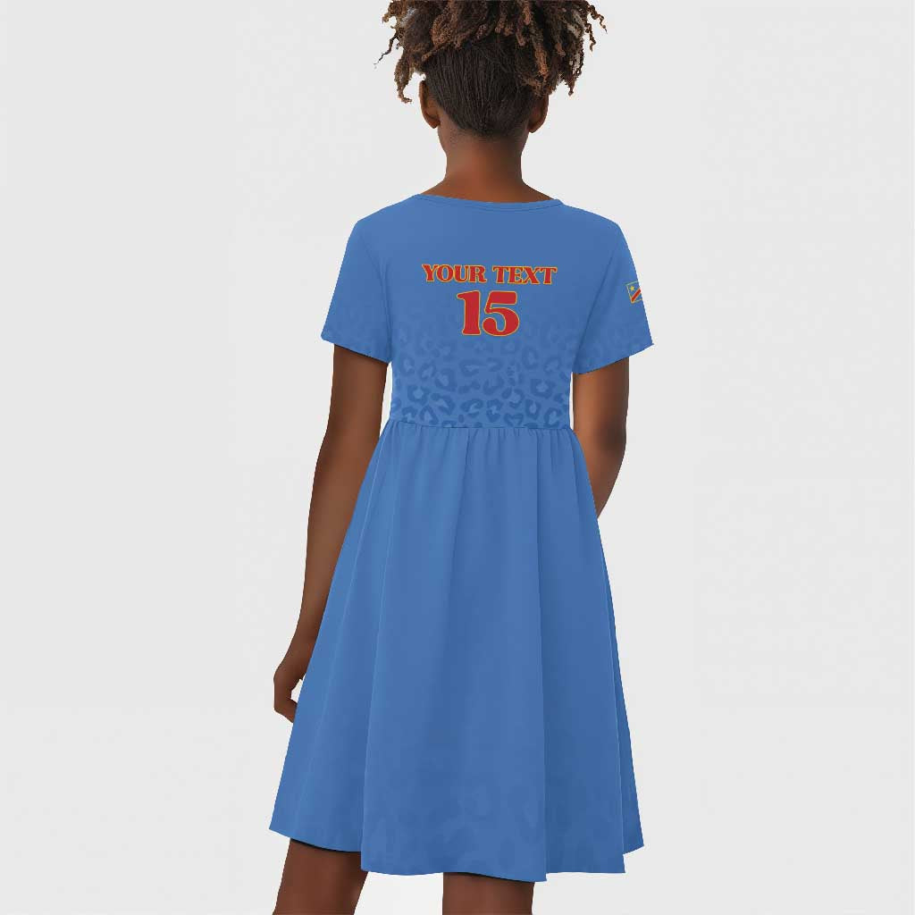 Afro DR Congo Football Custom Kid Short Sleeve Dress Viva Les Leopards - Blue LT15