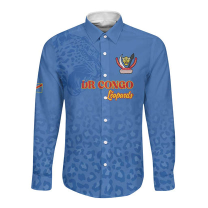 Afro DR Congo Football Custom Long Sleeve Button Shirt Viva Les Leopards - Blue - African Pride