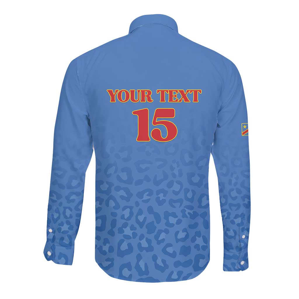 Afro DR Congo Football Custom Long Sleeve Button Shirt Viva Les Leopards - Blue - African Pride