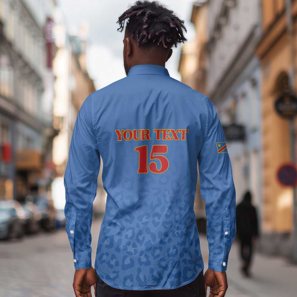 Afro DR Congo Football Custom Long Sleeve Button Shirt Viva Les Leopards - Blue - African Pride