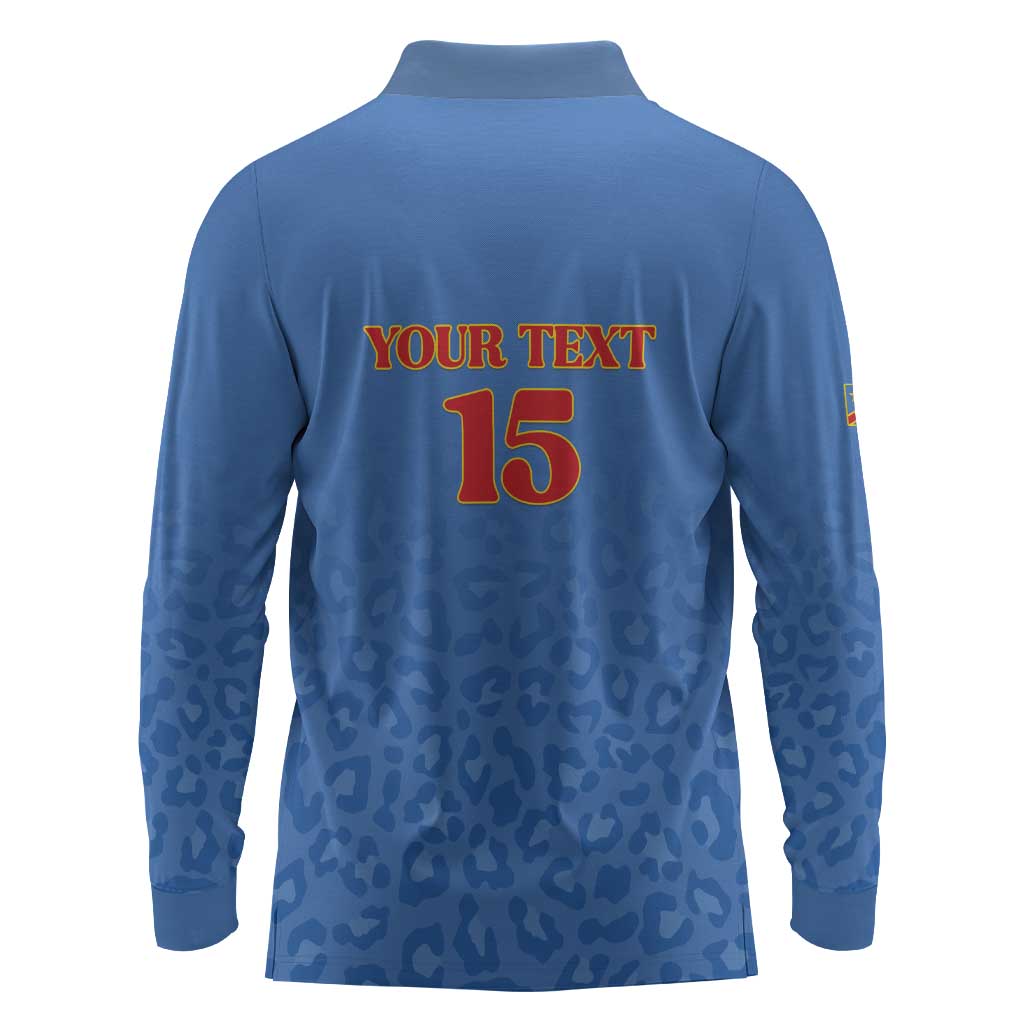Afro DR Congo Football Custom Long Sleeve Polo Shirt Viva Les Leopards - Blue - African Pride