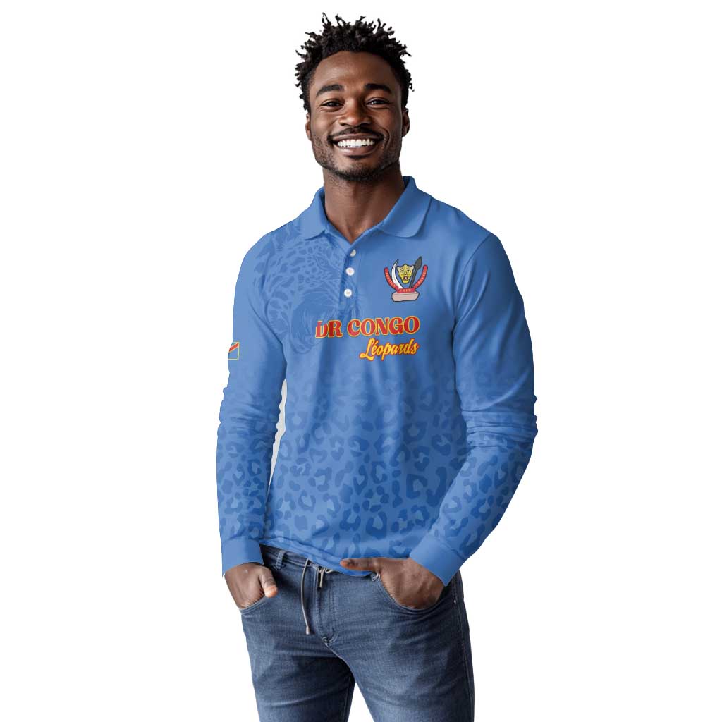 Afro DR Congo Football Custom Long Sleeve Polo Shirt Viva Les Leopards - Blue - African Pride