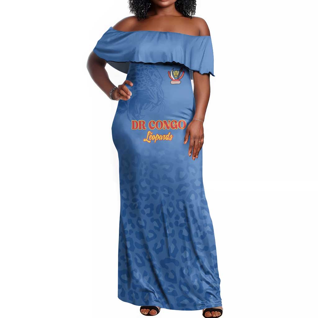 Afro DR Congo Football Custom Off Shoulder Maxi Dress Viva Les Leopards - Blue - African Pride