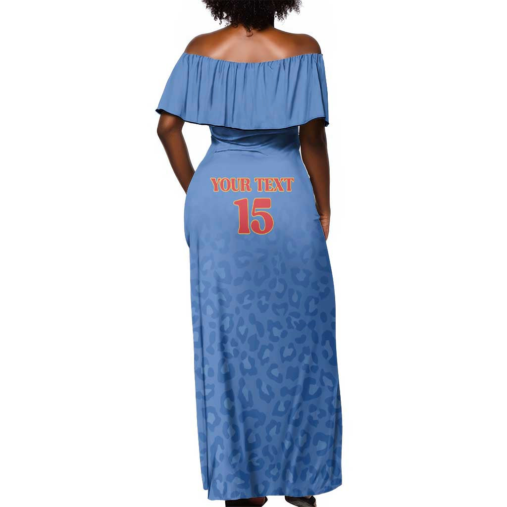 Afro DR Congo Football Custom Off Shoulder Maxi Dress Viva Les Leopards - Blue - African Pride