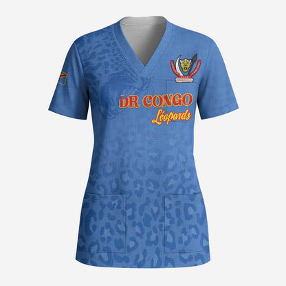 Afro DR Congo Football Custom Scrub Top Viva Les Leopards - Blue - African Pride