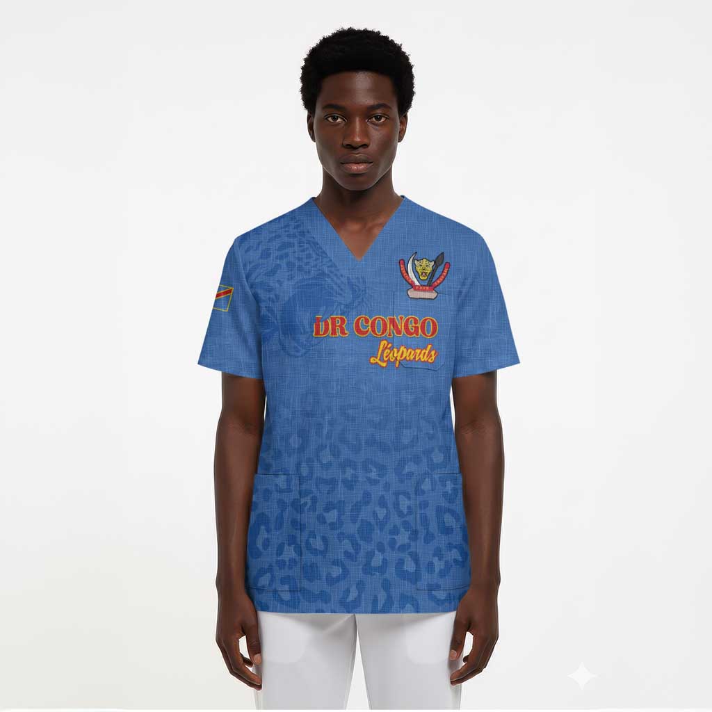 Afro DR Congo Football Custom Scrub Top Viva Les Leopards - Blue - African Pride