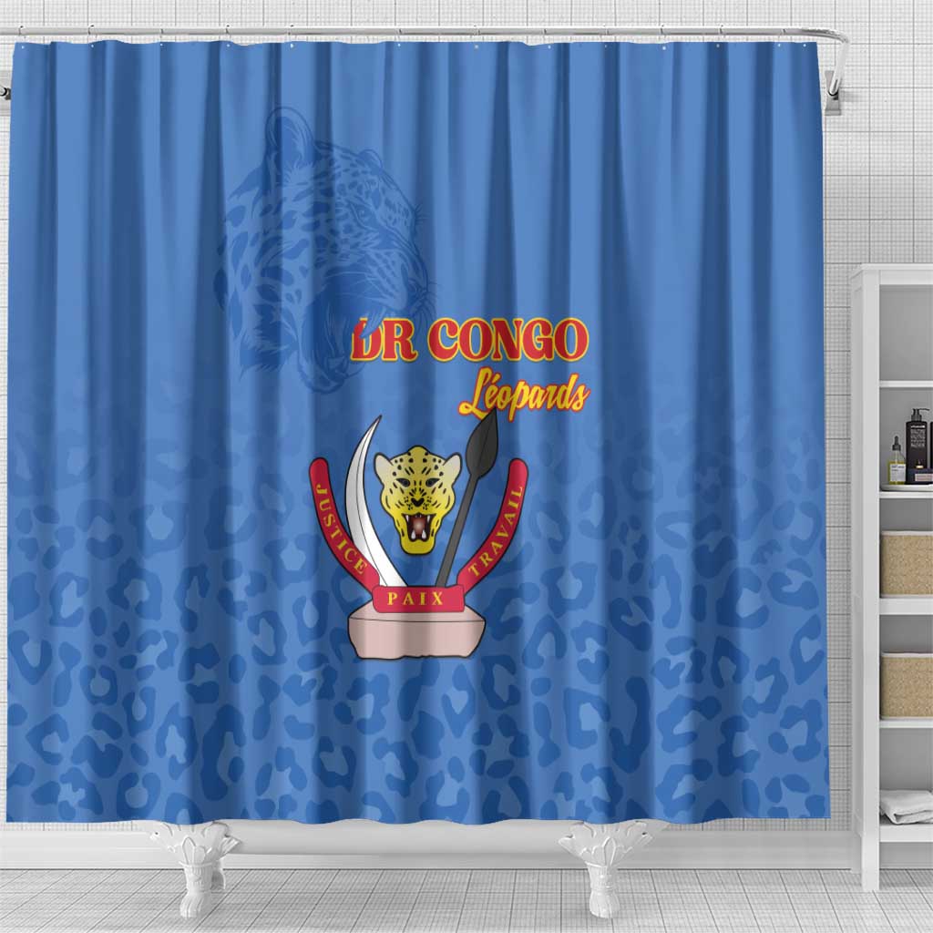 Afro DR Congo Football Shower Curtain Viva Les Leopards - Blue - African Pride