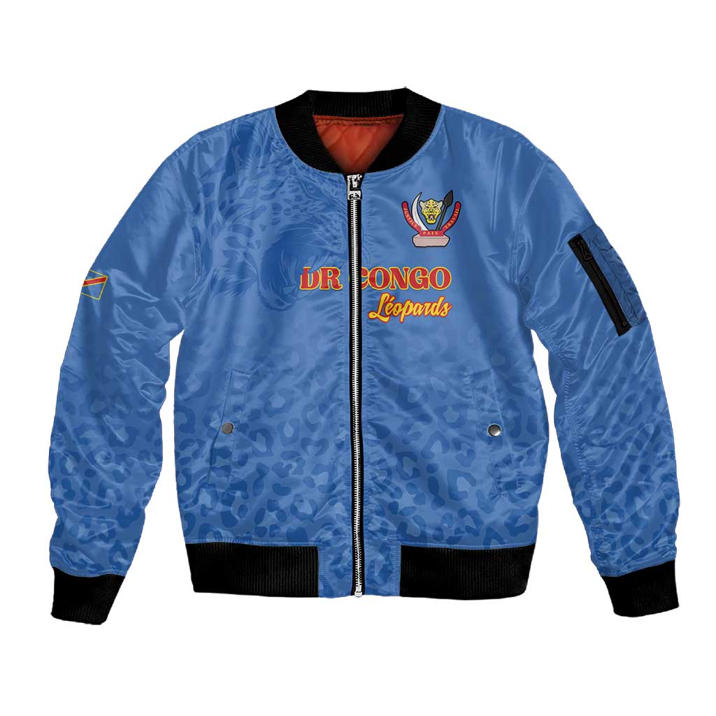 Afro DR Congo Football Custom Sleeve Zip Bomber Jacket Viva Les Leopards - Blue - African Pride