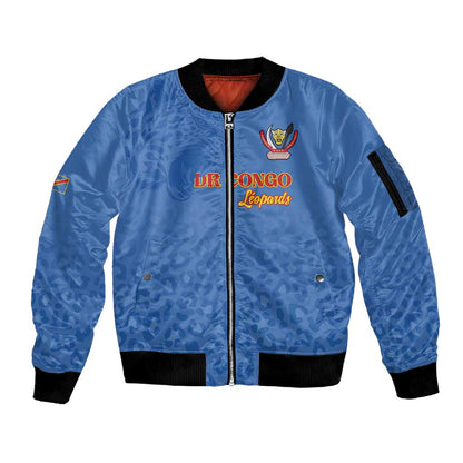 Afro DR Congo Football Custom Sleeve Zip Bomber Jacket Viva Les Leopards - Blue - African Pride