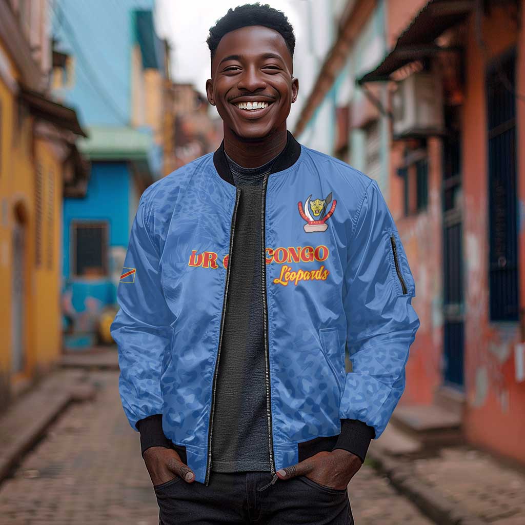 Afro DR Congo Football Custom Sleeve Zip Bomber Jacket Viva Les Leopards - Blue - African Pride