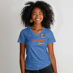 Afro DR Congo Football Custom Women V-Neck T-Shirt Viva Les Leopards - Blue LT15