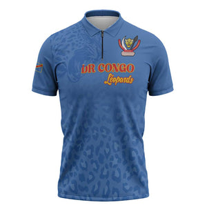 Custom DR Congo Football Zipper Polo Shirt Go Champions Leopards - Blue