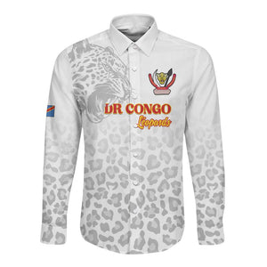 Afro DR Congo Football Custom Long Sleeve Button Shirt Viva Les Leopards - White - African Pride