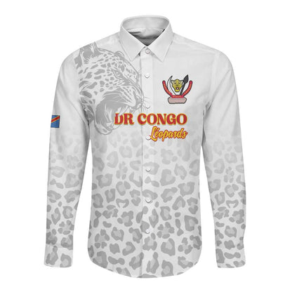 Afro DR Congo Football Custom Long Sleeve Button Shirt Viva Les Leopards - White - African Pride