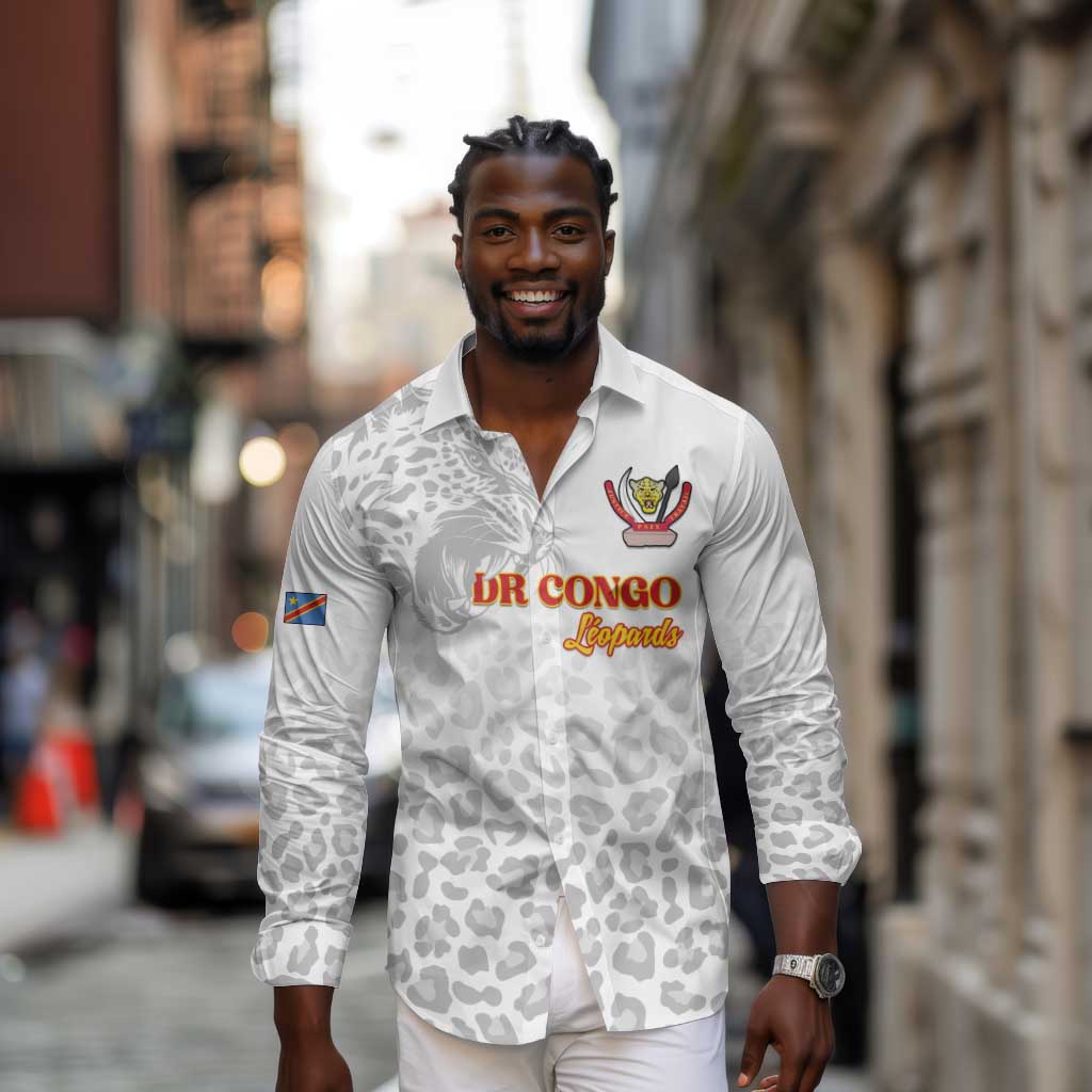 Afro DR Congo Football Custom Long Sleeve Button Shirt Viva Les Leopards - White - African Pride